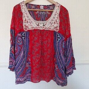 Bila Peasant Woven Boho 3/4 Sleeve Top Red Womens Size L Large Paisley